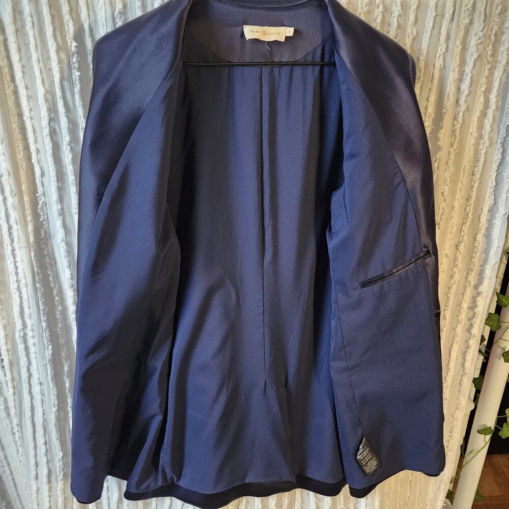 Tory Burch Sz 6 Blazer Blue Satin Oversized Dressy Designer Jacket Luxury - Picture 3 of 10